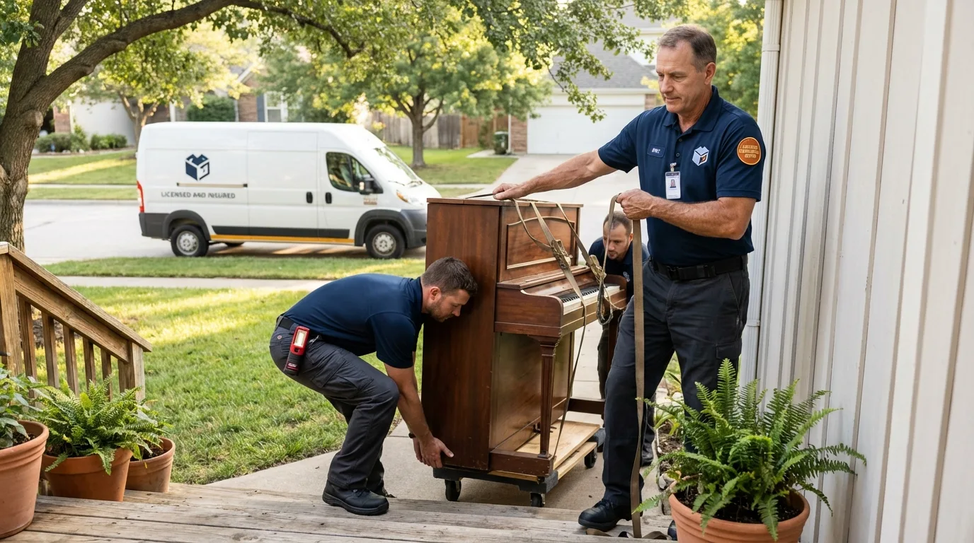 Licensed piano movers securing grand piano in Kensington, MD