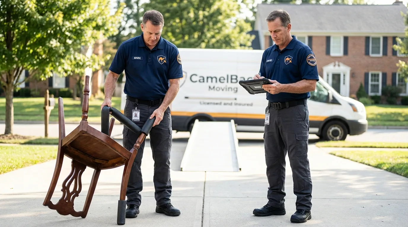 Movers inspecting furniture for damage prevention before loading in Kensington, MD