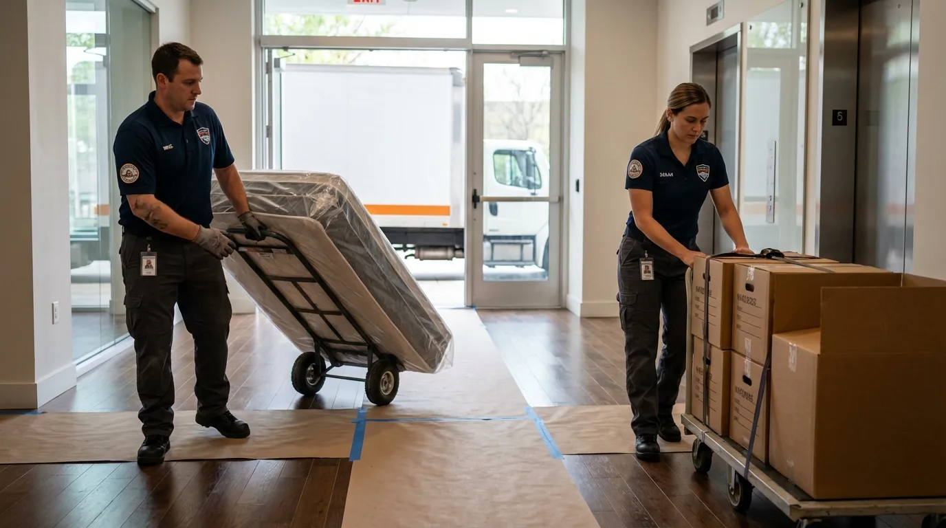 Professional apartment movers loading elevator in Kensington, MD